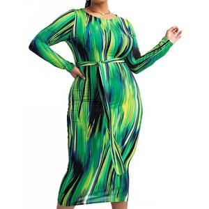 NEW THE CURVE LA plus size long sleeve midi dress with self-tie belt in green mu